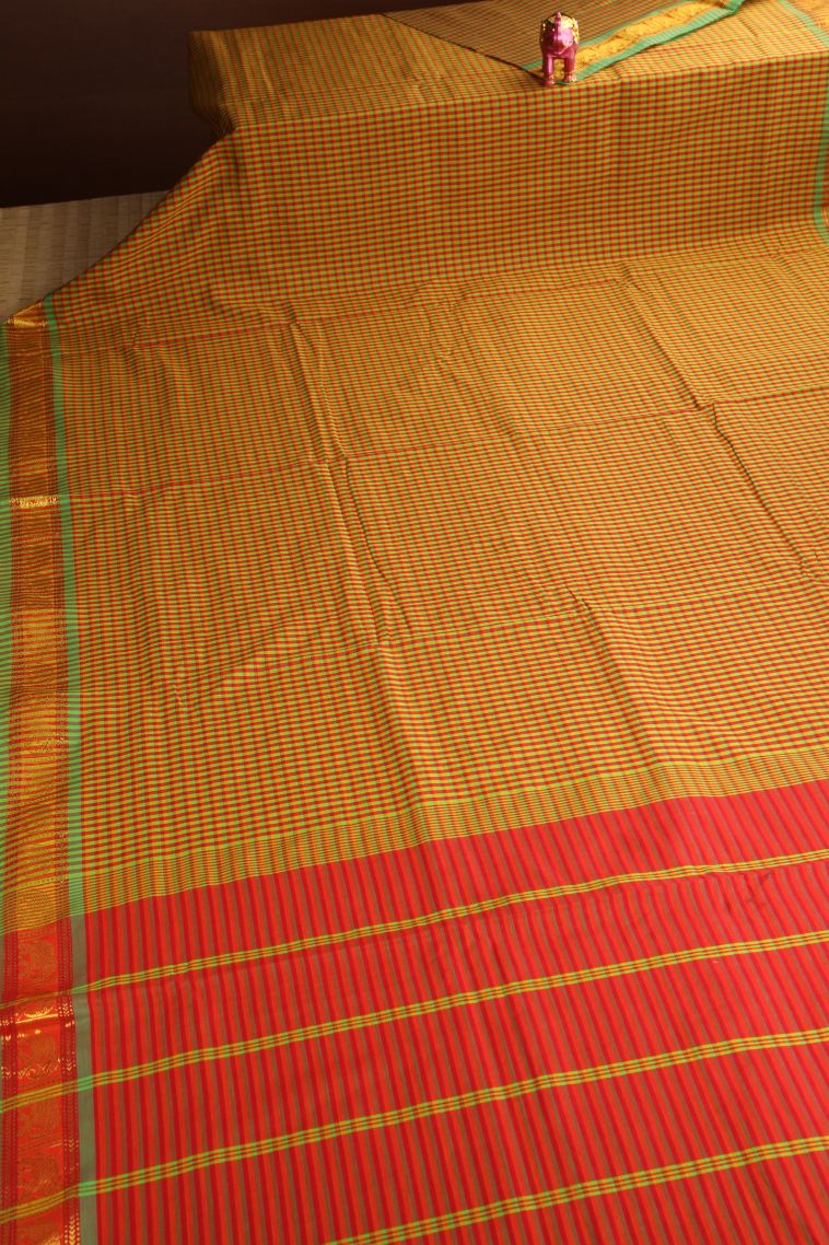 Lime Yellow Poly Cotton Sarees Gold Zari with Checks view 2