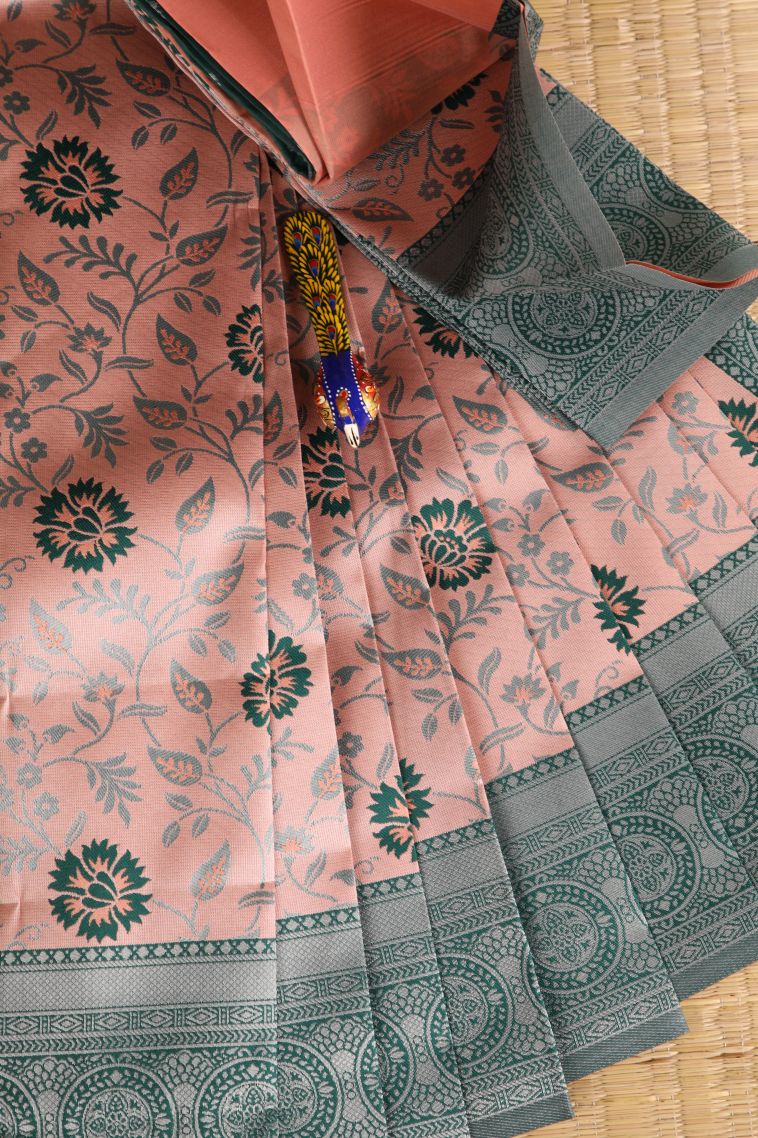 Salmon Pink Visiri Madippu Silk Sarees with Silver Zari Floral Patterns view 1