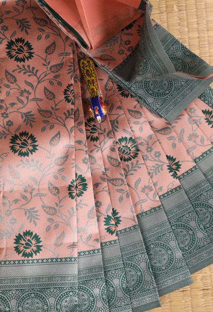 Salmon Pink Visiri Madippu Silk Sarees with Silver Zari Floral Patterns