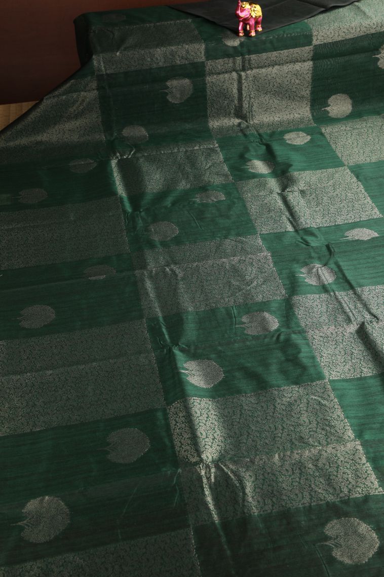 Pine Green Jute Sarees with Antic Zari Floral Patterns view 2