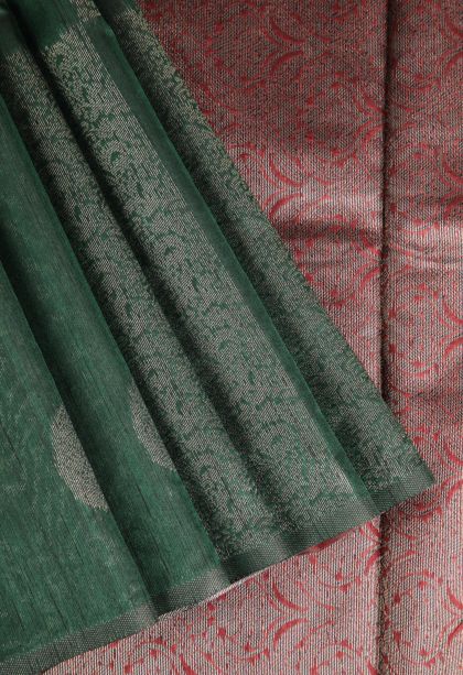 Pine Green Jute Sarees with Antic Zari Floral Patterns