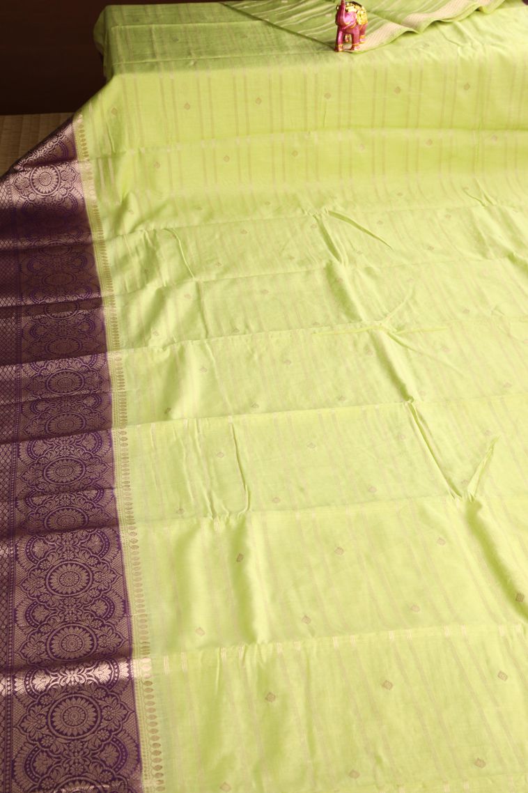 Lime Green Chanderi Cotton Sarees Antic Zari with Cross Straipes view 2