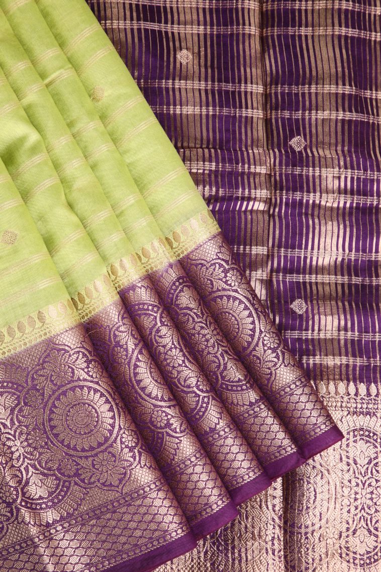 Lime Green Chanderi Cotton Sarees Antic Zari with Cross Straipes