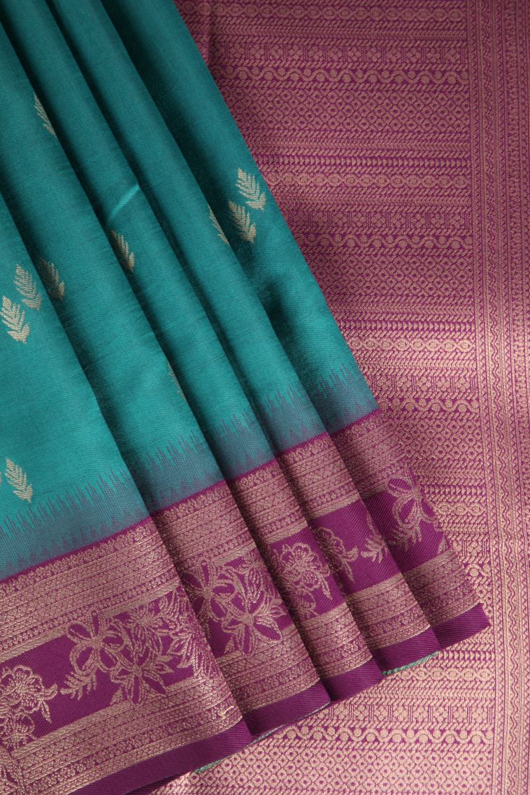 Ocean Blue Raw Silk Sarees with Gold Zari Leaf Pattern