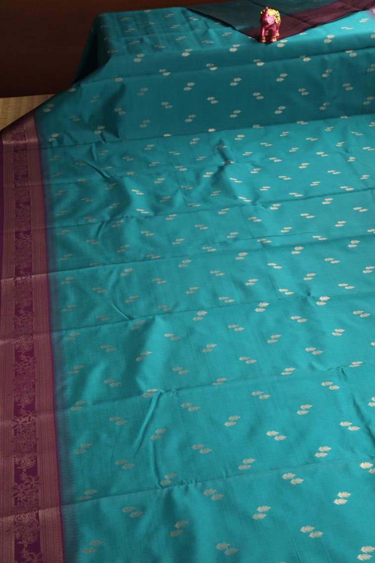Ocean Blue Raw Silk Sarees with Gold Zari Leaf Pattern view 2