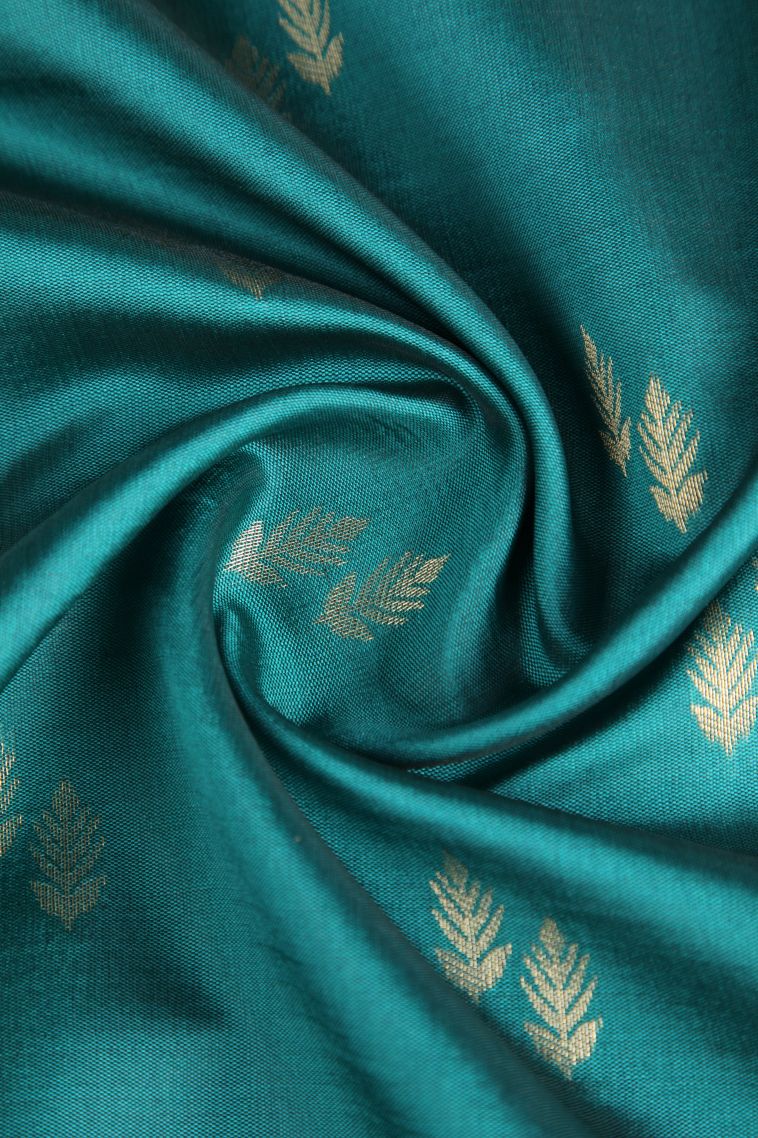 Ocean Blue Raw Silk Sarees with Gold Zari Leaf Pattern view 4