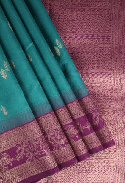 Ocean Blue Raw Silk Sarees with Gold Zari Leaf Pattern