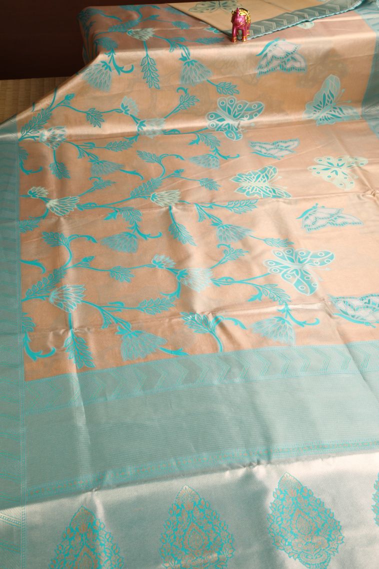 Sepia Yellow Apoorva Silk Sarees with Silver Zari Butterfly Butta view 2