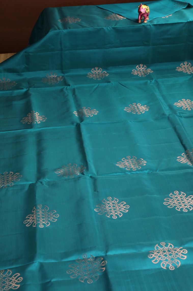 Teal Blue Soft Silk Saree with Copper Zari Kolam Pattern view 2