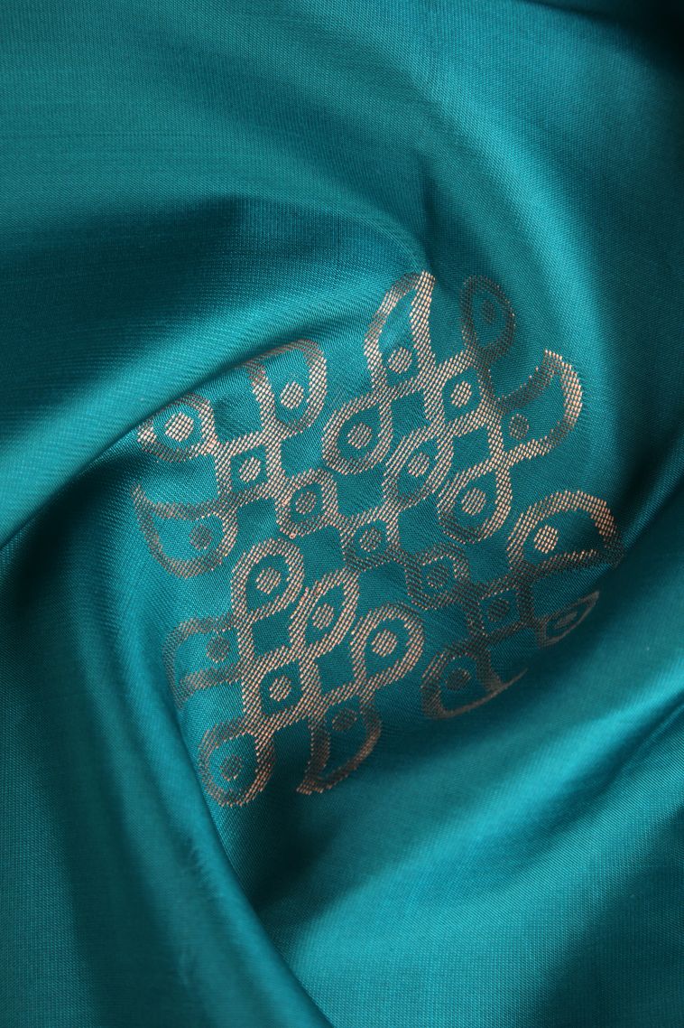 Teal Blue Soft Silk Saree with Copper Zari Kolam Pattern view 4