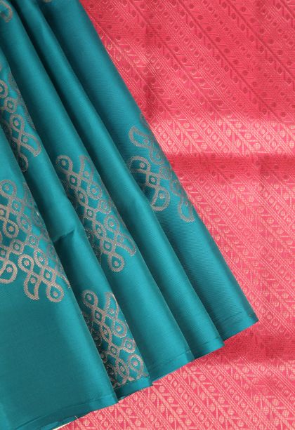 Teal Blue Soft Silk Saree with Copper Zari Kolam Pattern