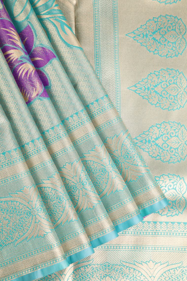 Teal Blue Apoorva Silk Sarees with Gold Zari Floral Patterns view 1