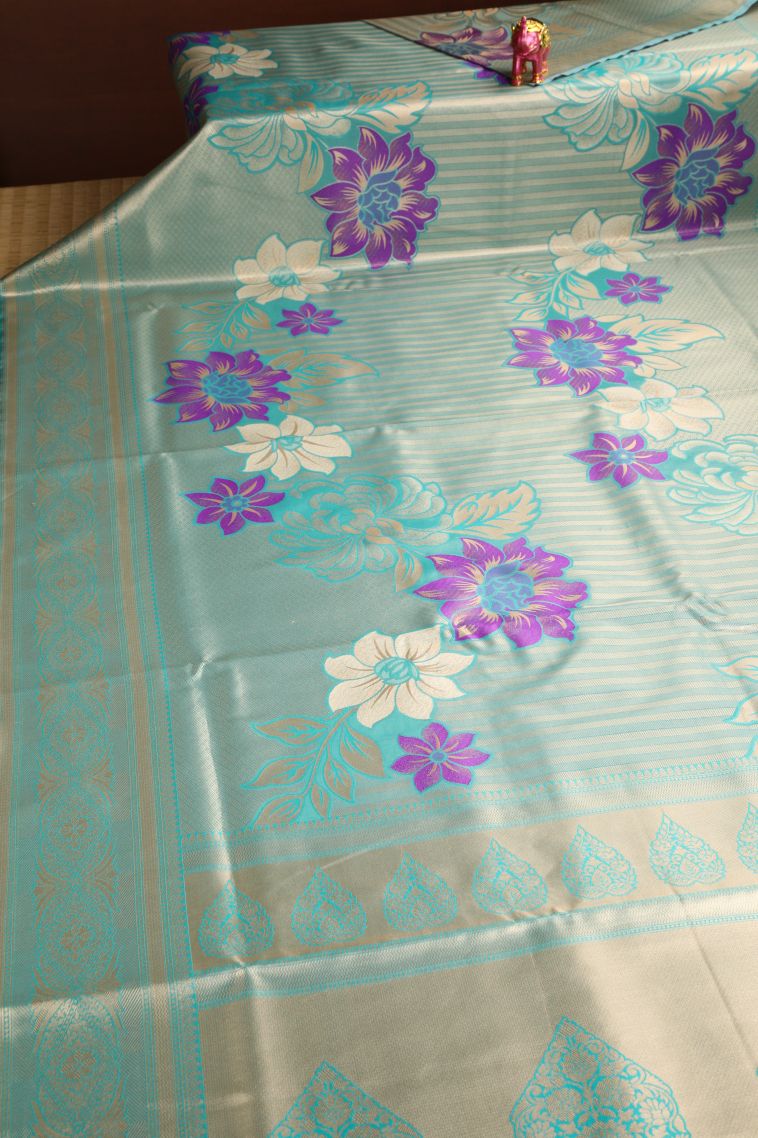 Teal Blue Apoorva Silk Sarees with Gold Zari Floral Patterns view 2