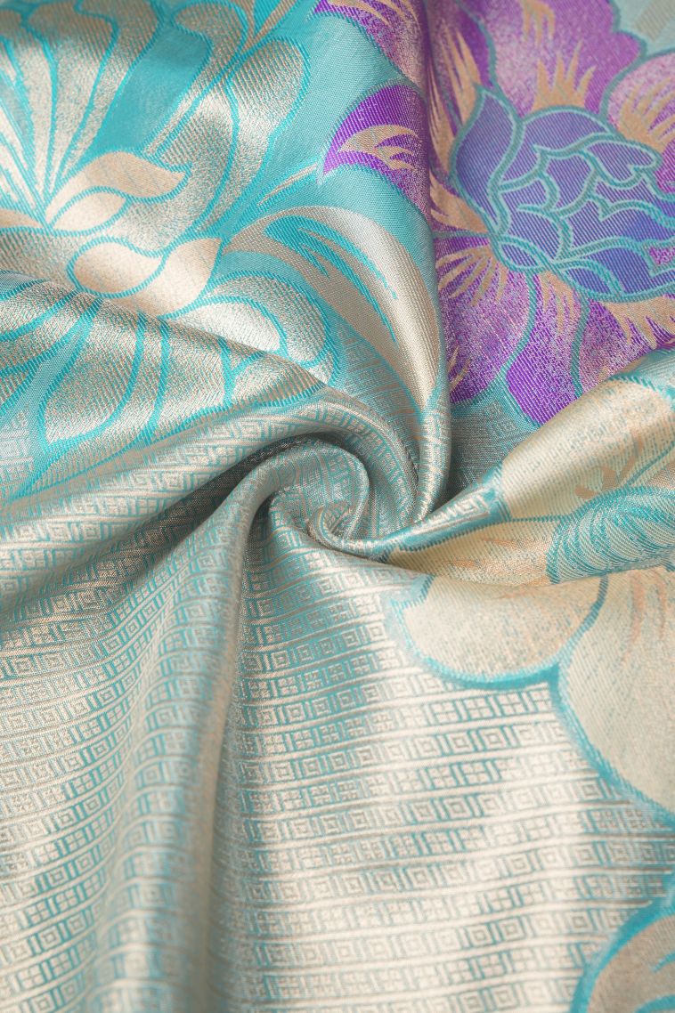 Teal Blue Apoorva Silk Sarees with Gold Zari Floral Patterns view 4