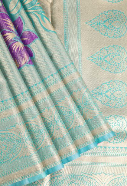 Teal Blue Apoorva Silk Sarees with Gold Zari Floral Patterns