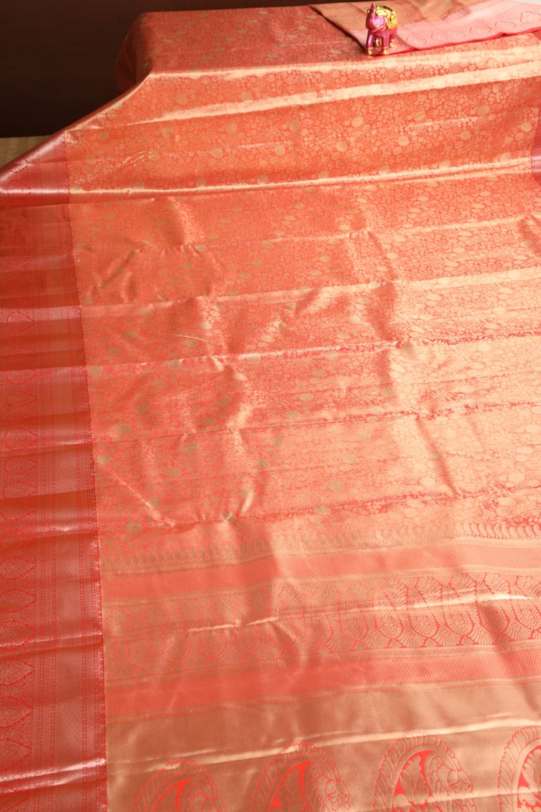 Candy Orange Apoorva Silk Sarees with Gold And Silver Zari Floral Patterns view 2