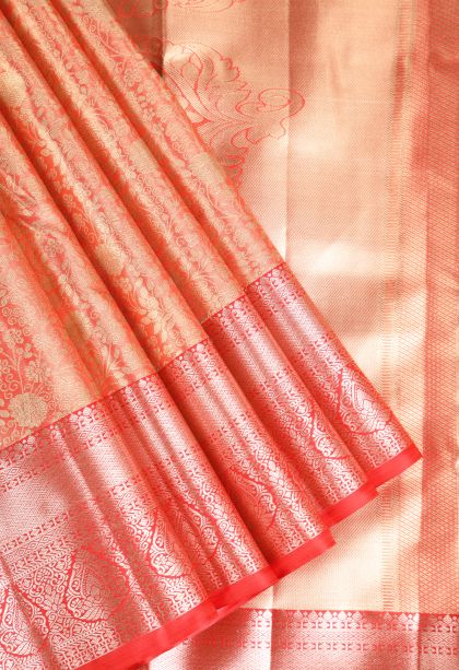 Candy Orange Apoorva Silk Sarees with Gold And Silver Zari Floral Patterns