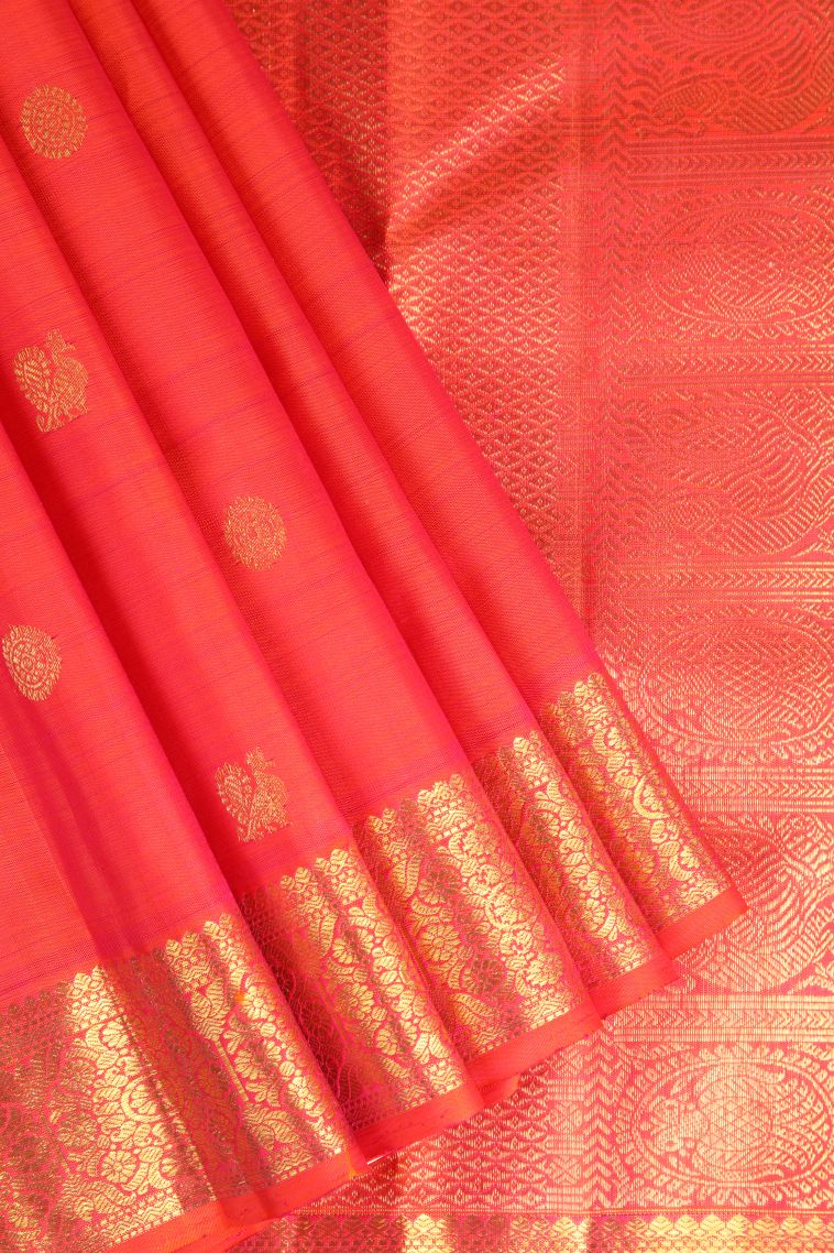 Strawberry Pink Kanchipuram Silk Sarees with Gold Zari Peacock And Rudhractam view 1