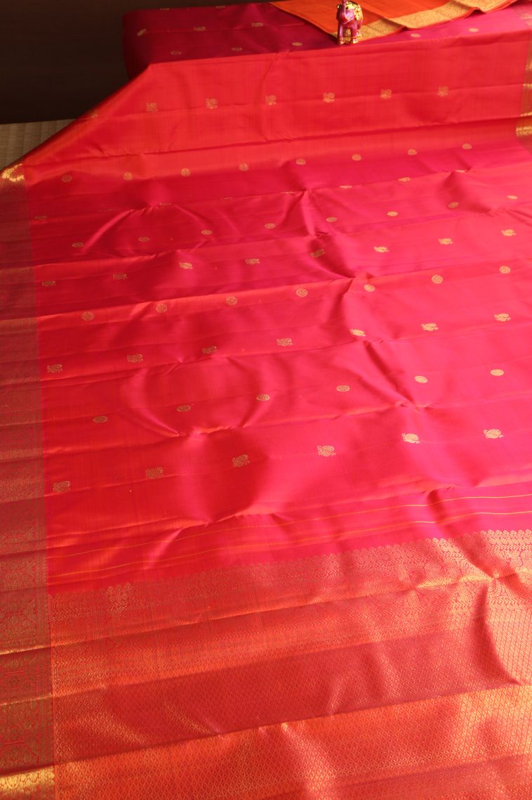 Strawberry Pink Kanchipuram Silk Sarees with Gold Zari Peacock And Rudhractam view 2