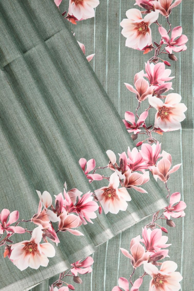Sage Green Jute Sarees with Silver Zari Plain view 1