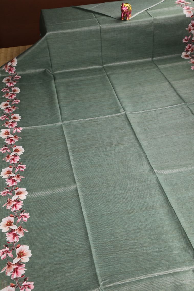 Sage Green Jute Sarees with Silver Zari Plain view 2