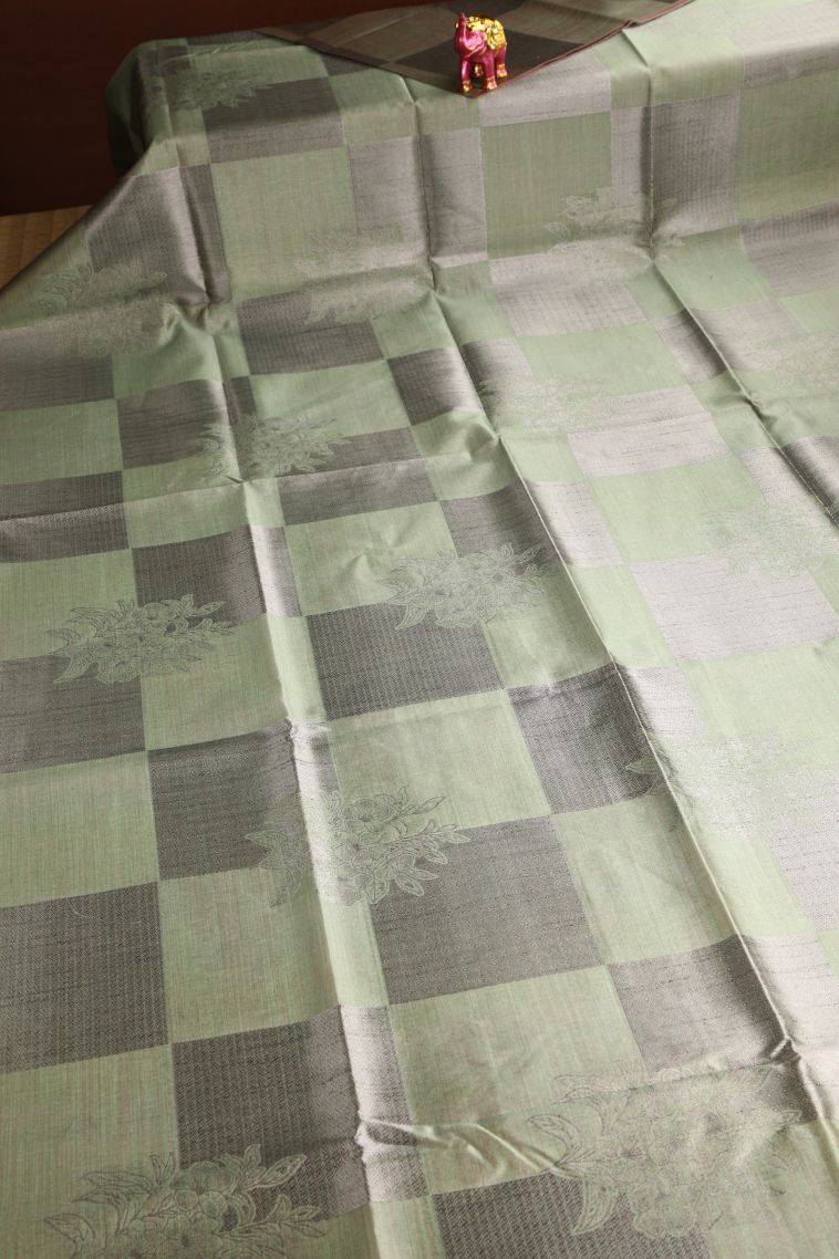 Sage Green Semi Tussar Silk with Silver Zari Checks view 2