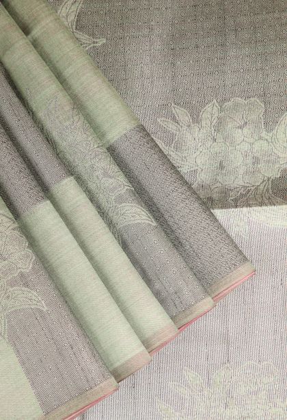 Sage Green Semi Tussar Silk with Silver Zari Checks