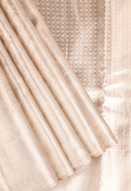 Coconut White Kanchipuram Silk Sarees with Silver Zari Leaf Pattern