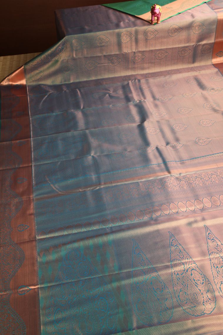 Basil Green Apoorva Silk Sarees Copper Zari with Leaf Pattern view 2