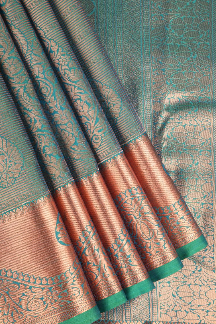 Basil Green Apoorva Silk Sarees Copper Zari with Leaf Pattern
