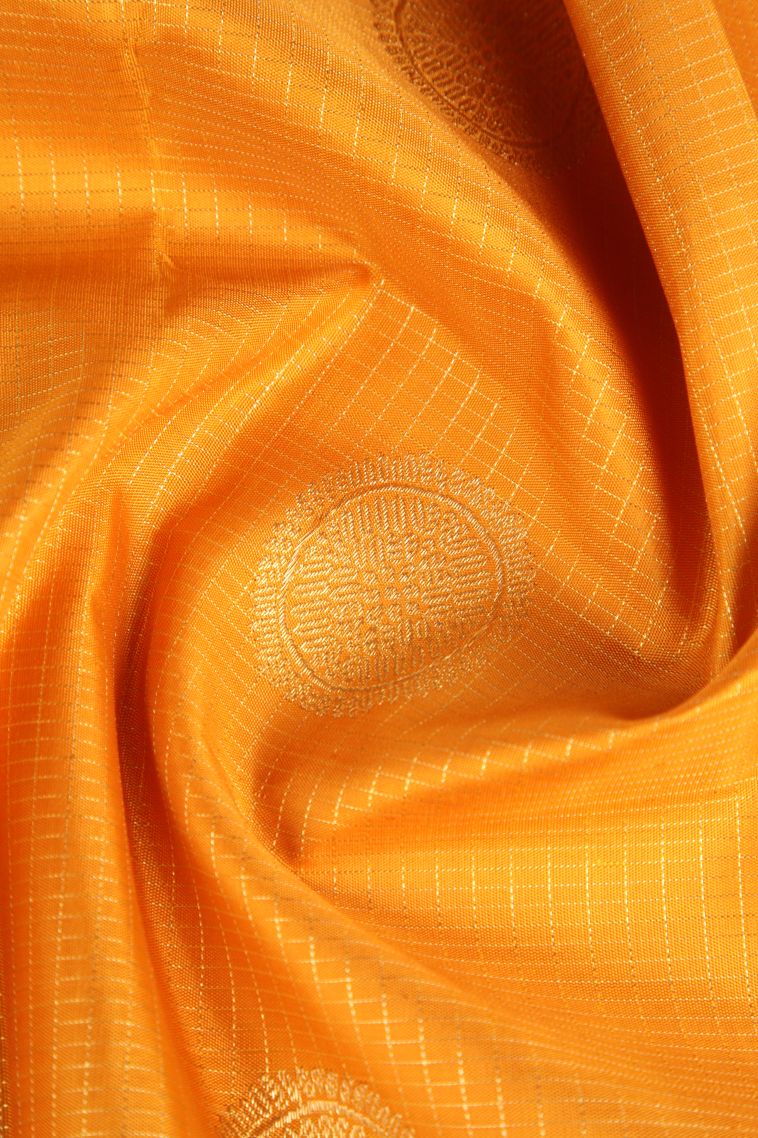 Merigold Orange Kanchipuram Silk Sarees Gold Zari with Circle Mottif view 4
