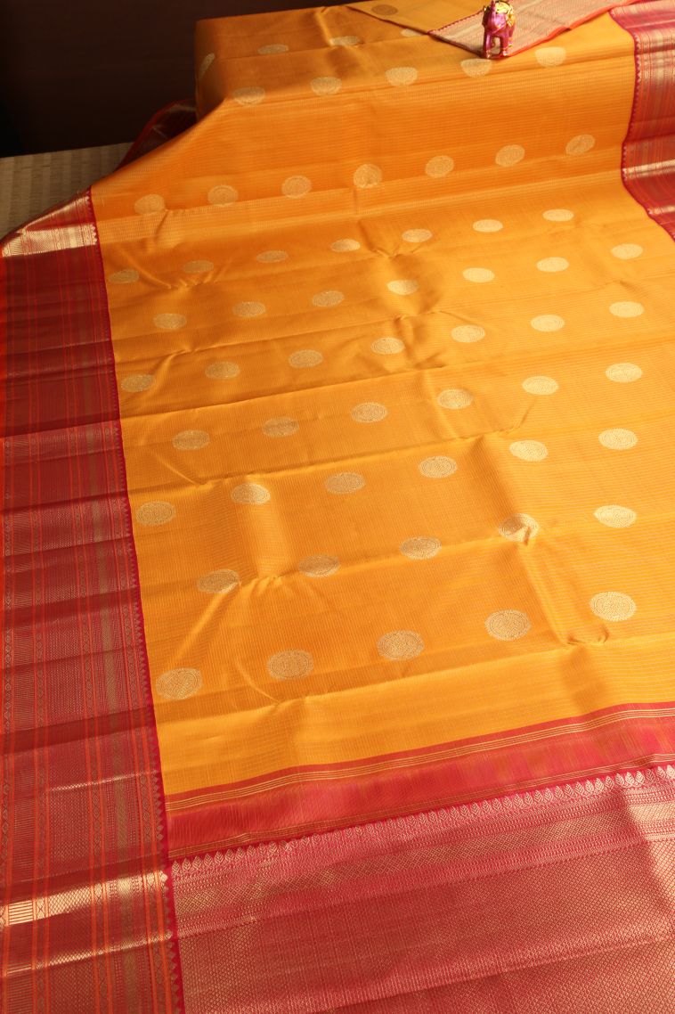 Merigold Orange Kanchipuram Silk Sarees Gold Zari with Circle Mottif view 2