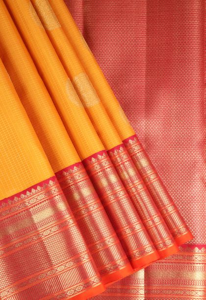 Merigold Orange Kanchipuram Silk Sarees Gold Zari with Circle Mottif