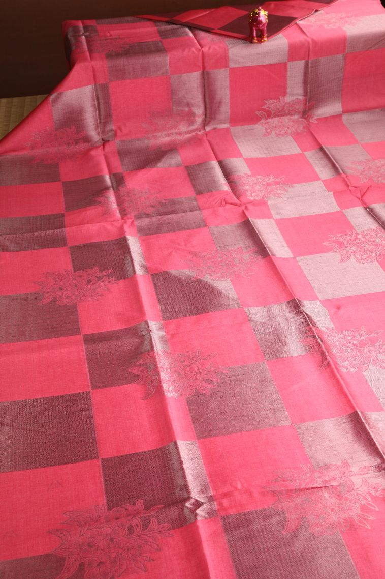 Punch Pink Semi Tussar Silk with Silver Zari Checks view 2
