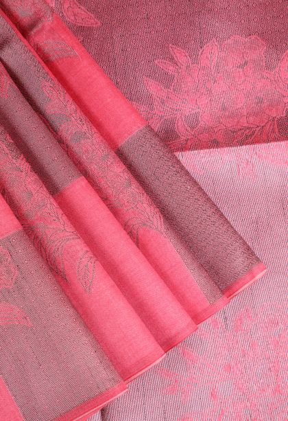 Punch Pink Semi Tussar Silk with Silver Zari Checks