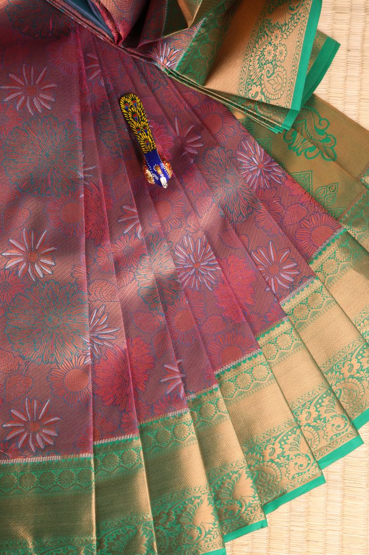 Lipstick Red Visiri Madippu Silk Sarees with Copper Zari Floral Patterns view 1