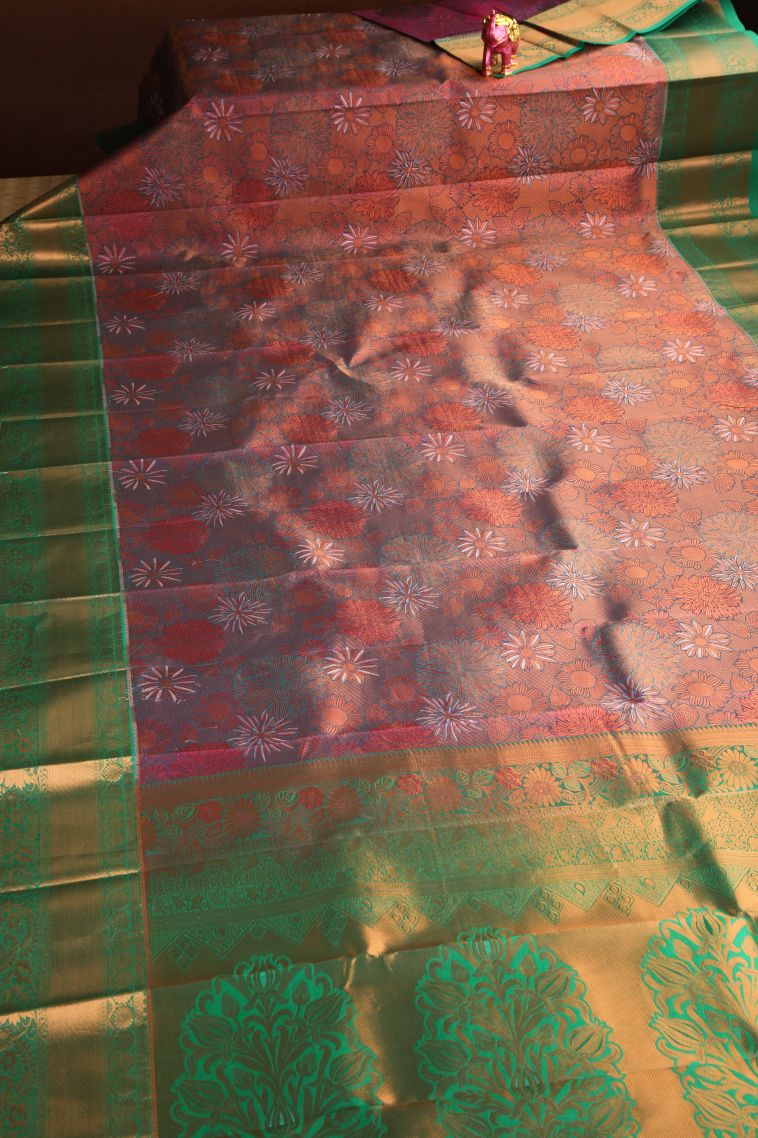 Lipstick Red Visiri Madippu Silk Sarees with Copper Zari Floral Patterns view 2