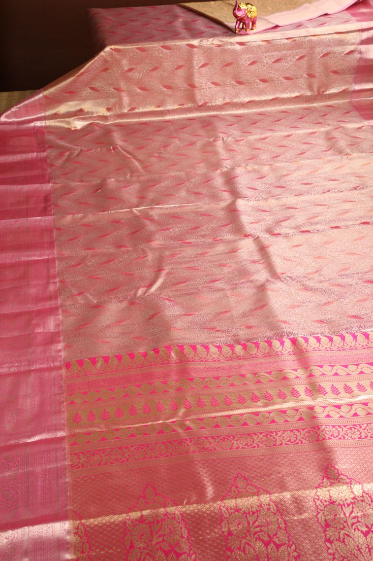 Strawberry Pink Apoorva Silk Sarees with Gold And Silver Zari Leaf Pattern view 2