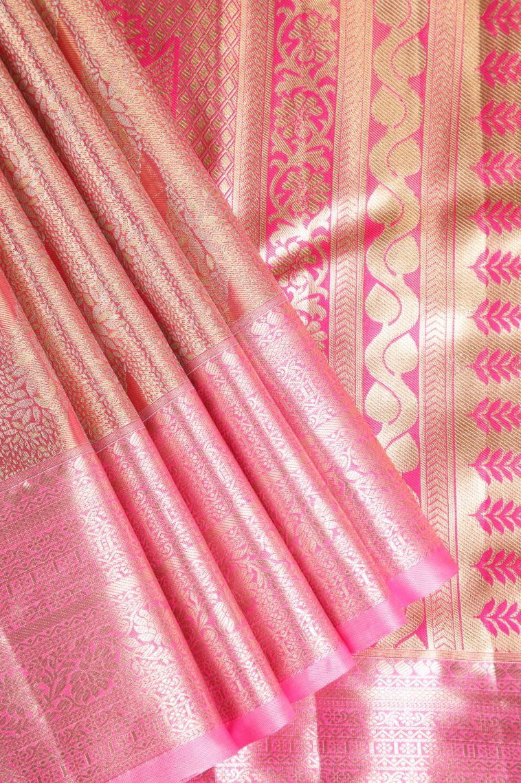 Strawberry Pink Apoorva Silk Sarees with Gold And Silver Zari Leaf Pattern view 1