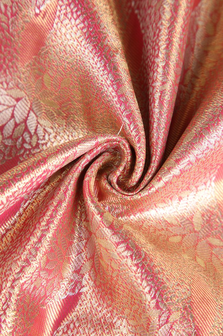 Strawberry Pink Apoorva Silk Sarees with Gold And Silver Zari Leaf Pattern view 4