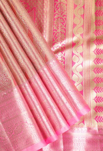 Strawberry Pink Apoorva Silk Sarees with Gold And Silver Zari Leaf Pattern