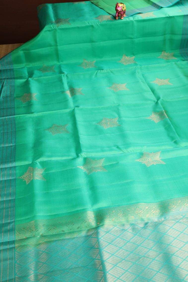 Seafoam Green Soft Silk Saree with Copper Zari Geometric Shapes view 2