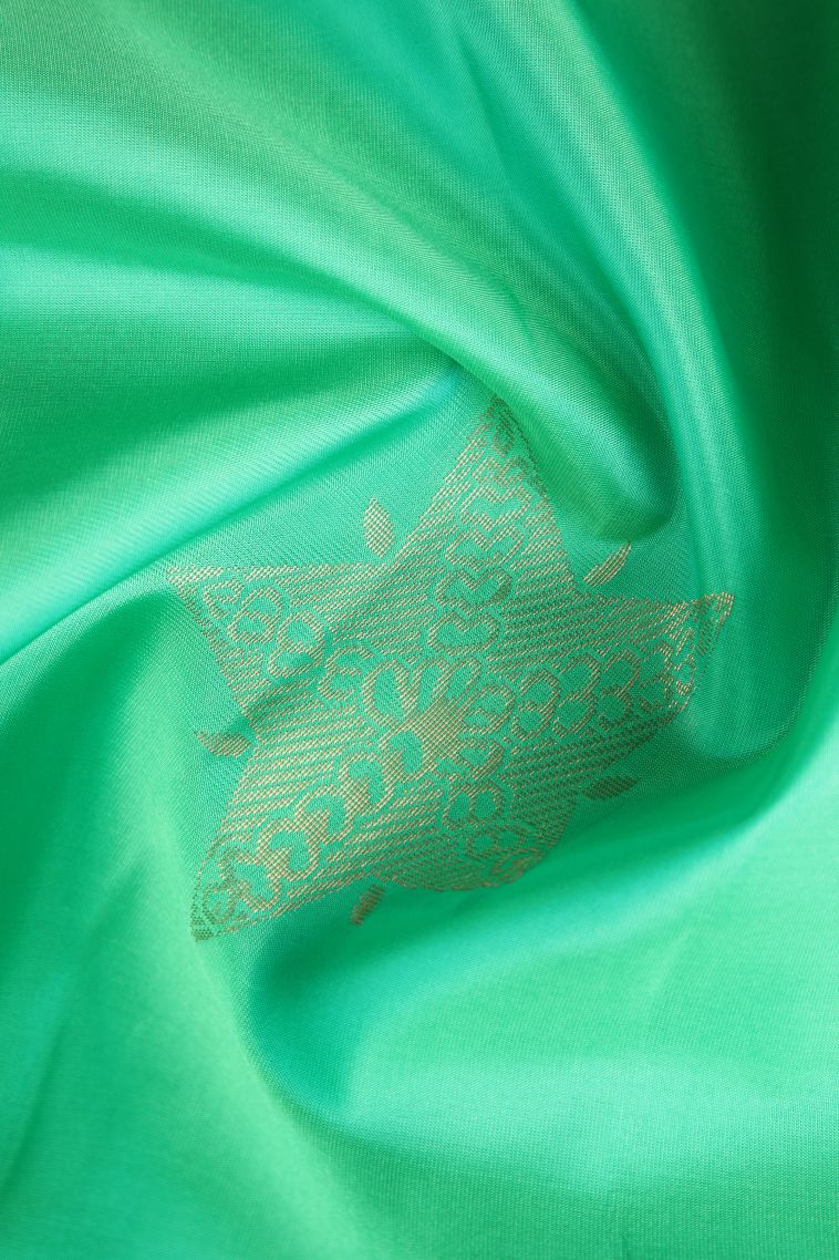 Seafoam Green Soft Silk Saree with Copper Zari Geometric Shapes view 4