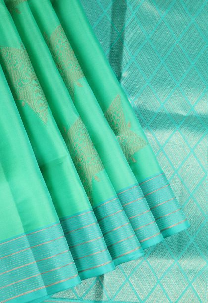 Seafoam Green Soft Silk Saree with Copper Zari Geometric Shapes