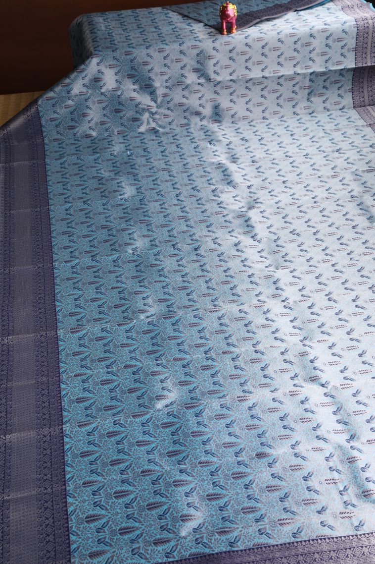 Sky Blue Visiri Madippu Silk Sarees with Silver Zari Floral Patterns view 2