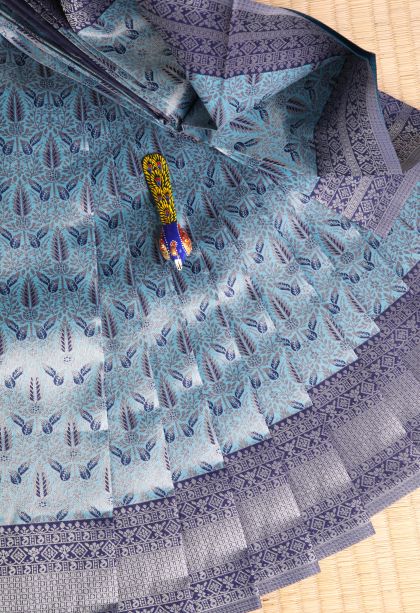 Sky Blue Visiri Madippu Silk Sarees with Silver Zari Floral Patterns