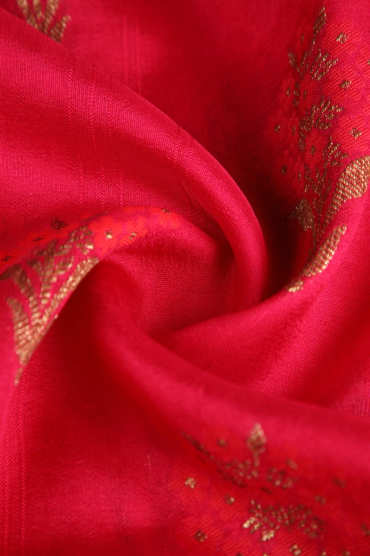 Rose  Red Banaras Sarees with Copper Zari Floral Patterns view 4