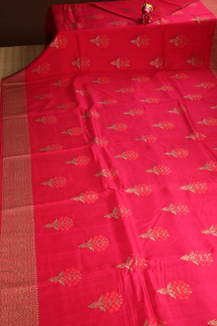 Rose  Red Banaras Sarees with Copper Zari Floral Patterns view 2