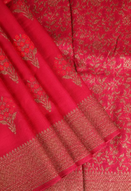 Rose  Red Banaras Sarees with Copper Zari Floral Patterns