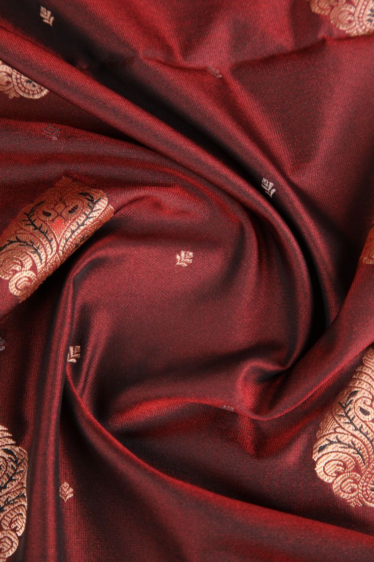 Lipstick Red Apoorva Silk Sarees with Copper Zari Floral Puttas view 4
